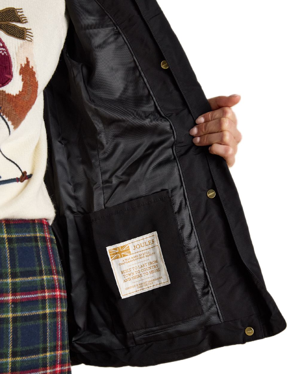 Black Coloured Joules Womens Aspen Showerproof Padded Coat on white background 