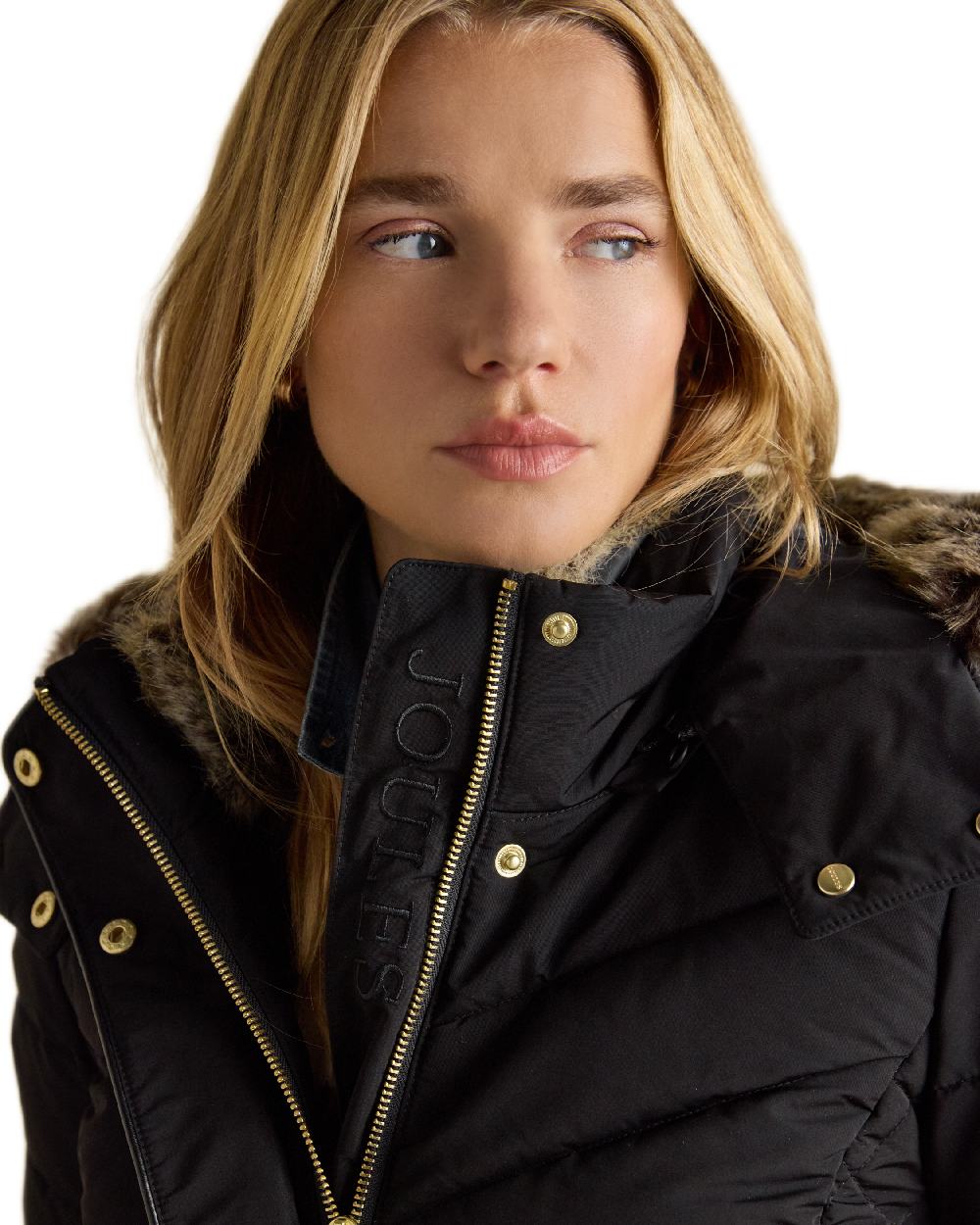 Black Coloured Joules Womens Aspen Showerproof Padded Coat on white background 