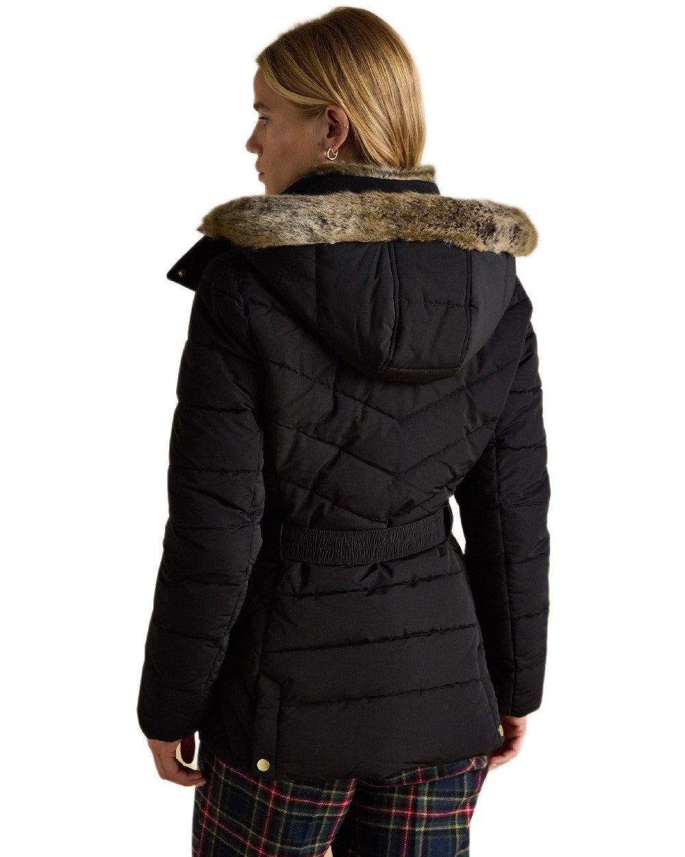 Black Coloured Joules Womens Aspen Showerproof Padded Coat on white background 