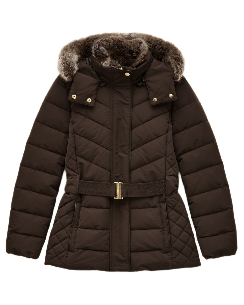 Brown Coloured Joules Womens Aspen Showerproof Padded Coat on white background 