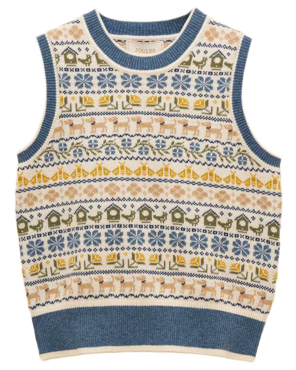 Cream Blue coloured Joules Womens Birds &amp; Bees Knitted Crew Neck Vest on white background 