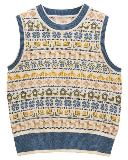 Cream Blue coloured Joules Womens Birds &amp; Bees Knitted Crew Neck Vest on white background 
