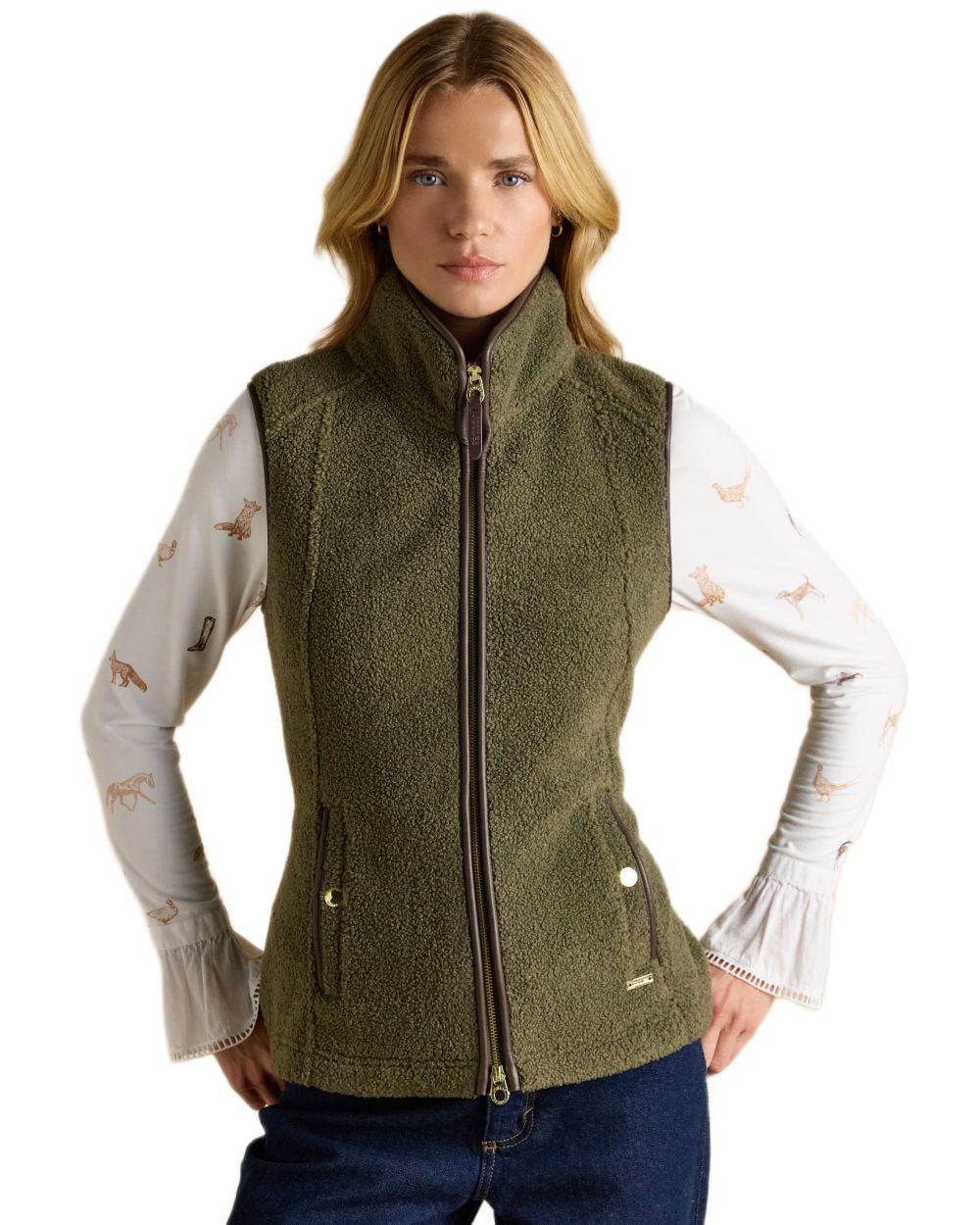 Khaki Green coloured Joules Womens Borg Heritage Fleece Gilet on white background 