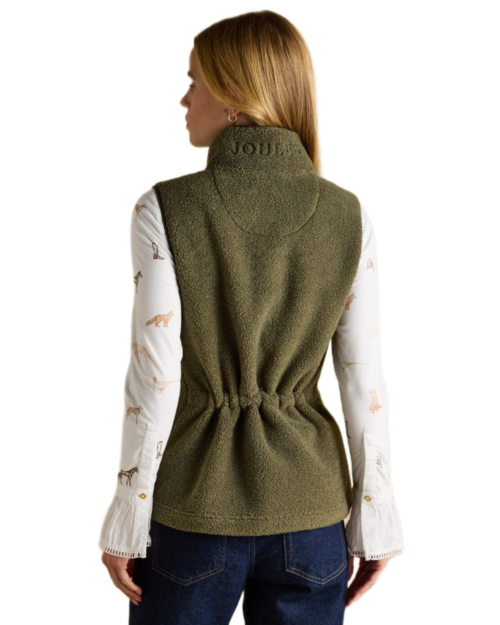 Khaki Green coloured Joules Womens Borg Heritage Fleece Gilet on white background 