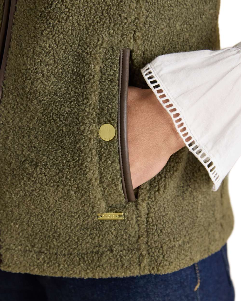 Khaki Green coloured Joules Womens Borg Heritage Fleece Gilet on white background 