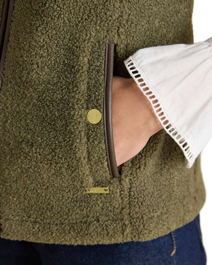 Khaki Green coloured Joules Womens Borg Heritage Fleece Gilet on white background 