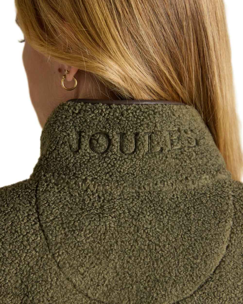 Khaki Green coloured Joules Womens Borg Heritage Fleece Gilet on white background 
