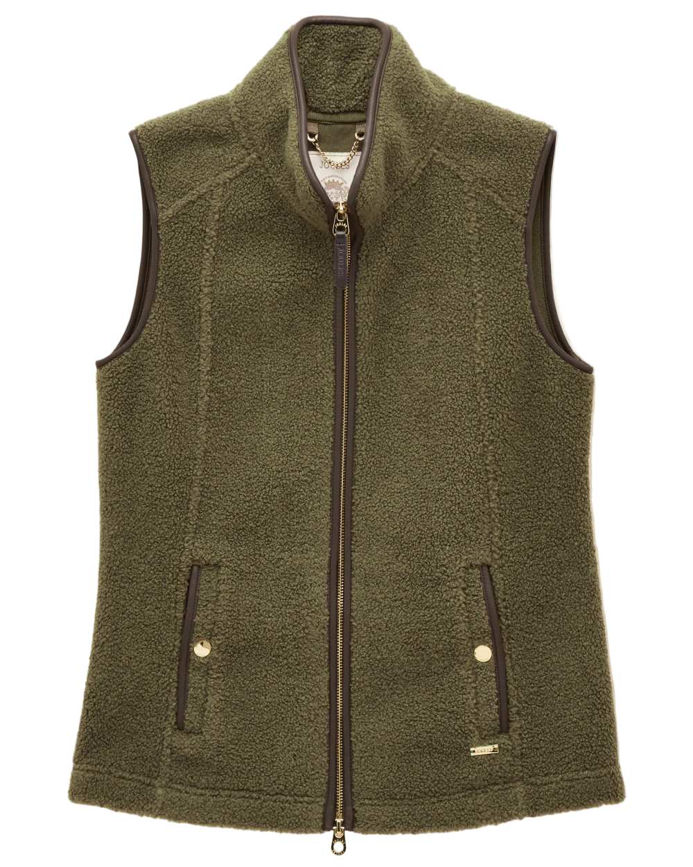 Khaki Green coloured Joules Womens Borg Heritage Fleece Gilet on white background 