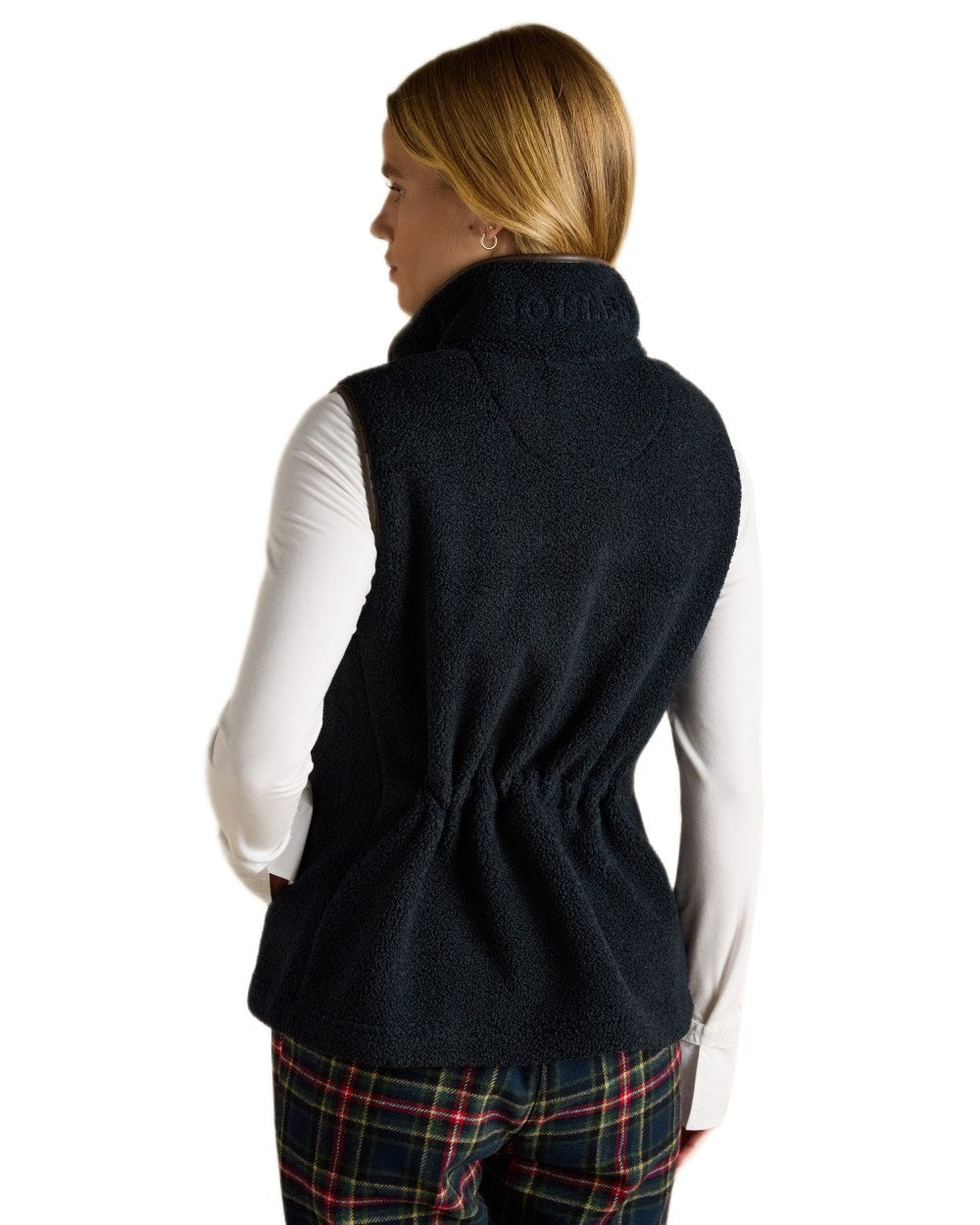 Navy coloured Joules Womens Borg Heritage Fleece Gilet on white background 