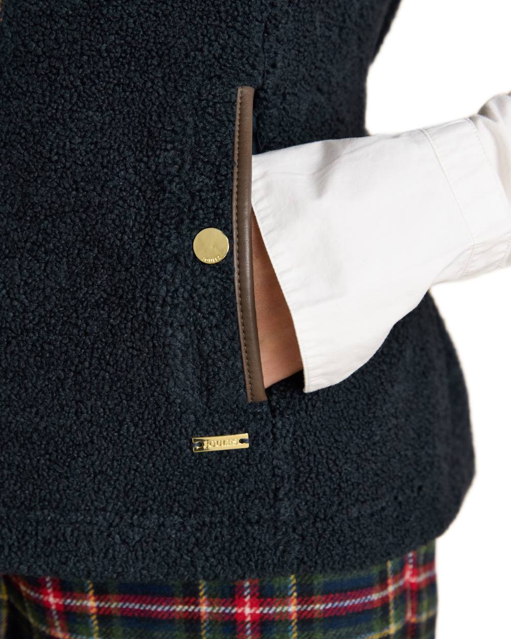 Navy coloured Joules Womens Borg Heritage Fleece Gilet on white background 