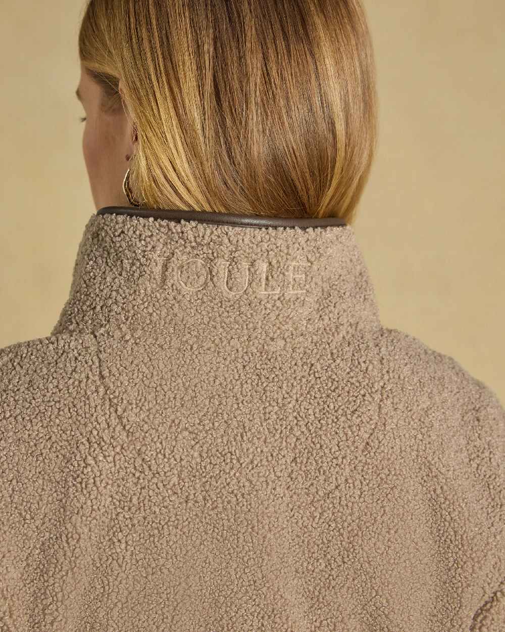 Mink Brown Coloured Joules Womens Borg heritage Longline Fleece Zip Jacket on a cream Background 