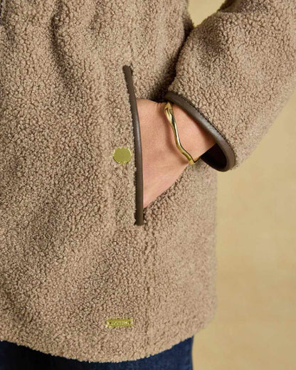 Mink Brown Coloured Joules Womens Borg heritage Longline Fleece Zip Jacket on a cream Background 