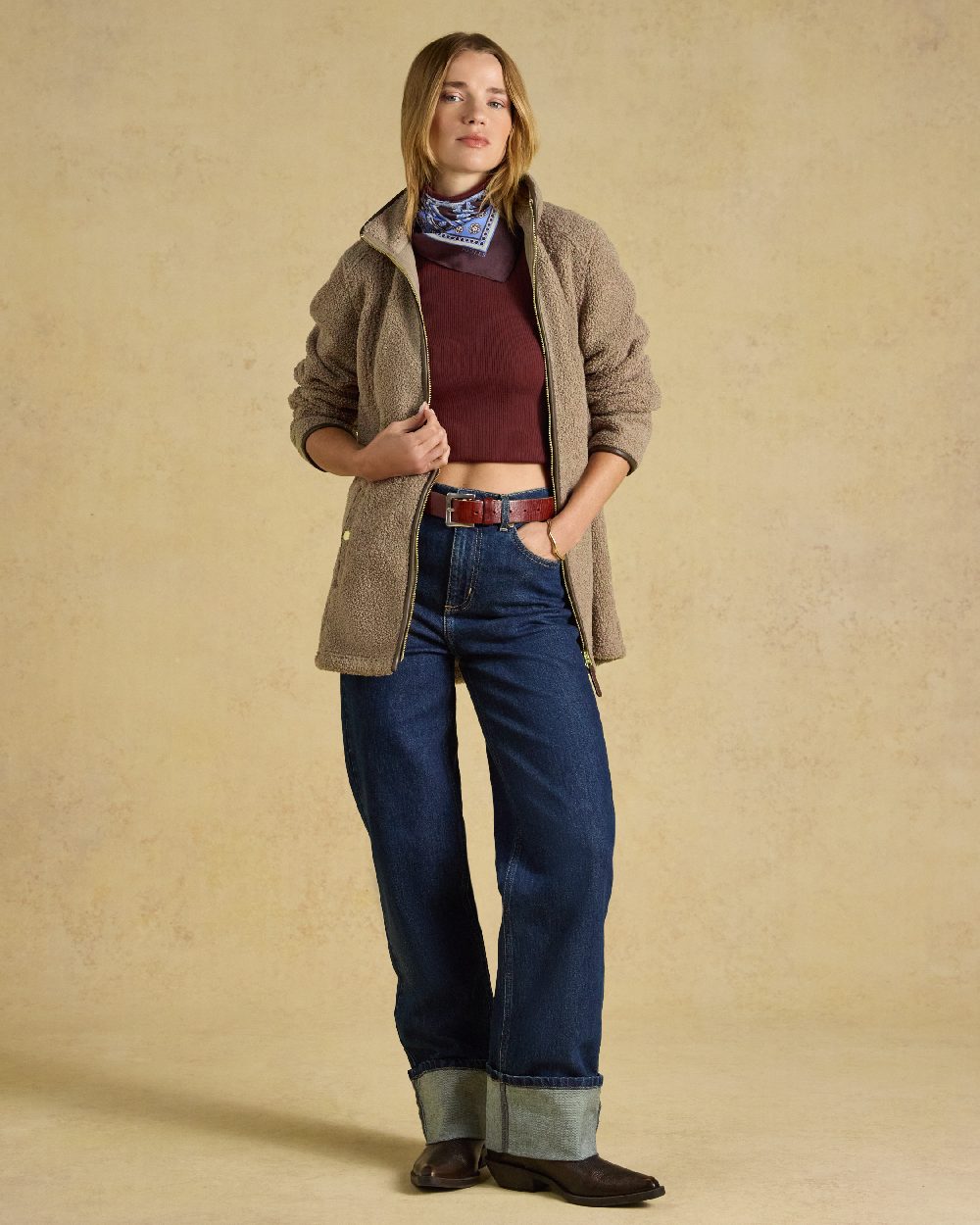 Mink Brown Coloured Joules Womens Borg heritage Longline Fleece Zip Jacket on a cream Background 