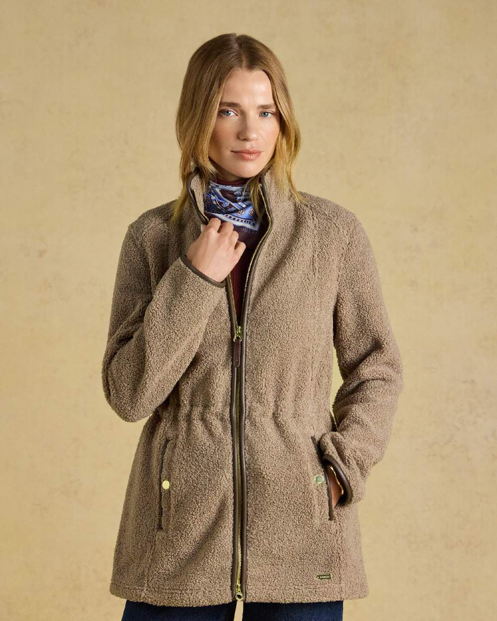Mink Brown Coloured Joules Womens Borg heritage Longline Fleece Zip Jacket on a cream Background 