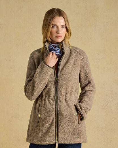 Mink Brown Coloured Joules Womens Borg heritage Longline Fleece Zip Jacket on a cream Background 