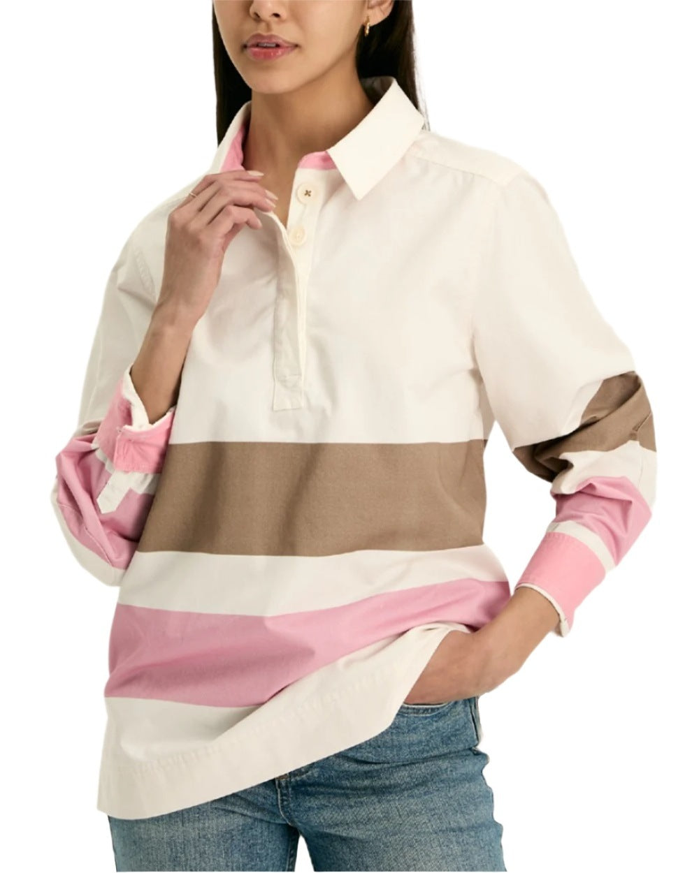 Tan Pink coloured Joules Womens Brinley Deck Shirt on White Background 