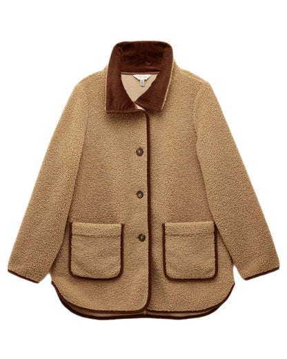 Neutral Coloured Joules Womens Button Through Sadie Longline Fleece on white background 