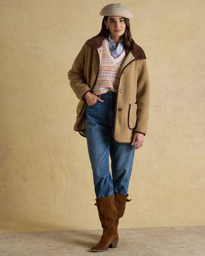 Neutral Coloured Joules Womens Button Through Sadie Longline Fleece on indoor background 