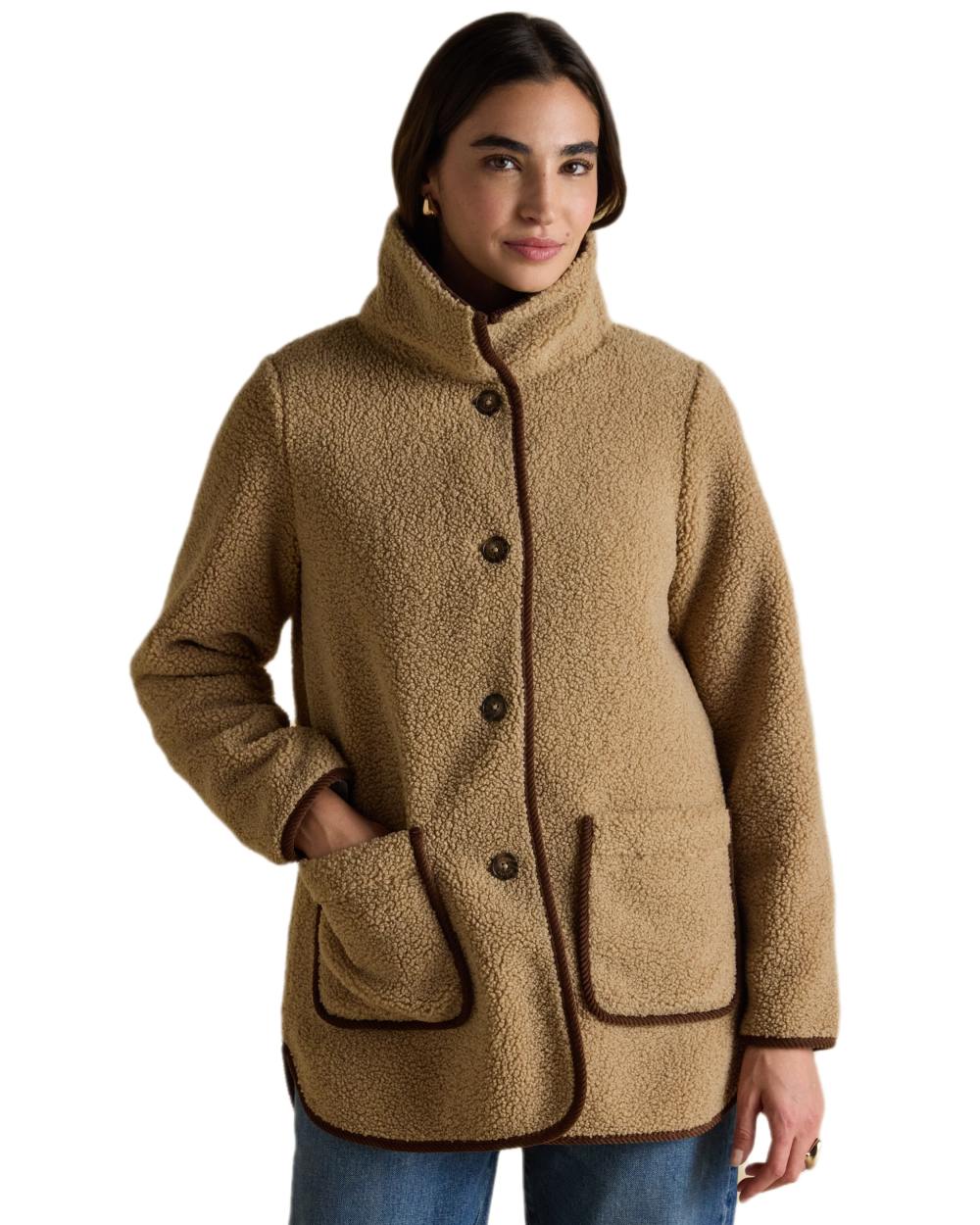 Neutral Coloured Joules Womens Button Through Sadie Longline Fleece on white background 