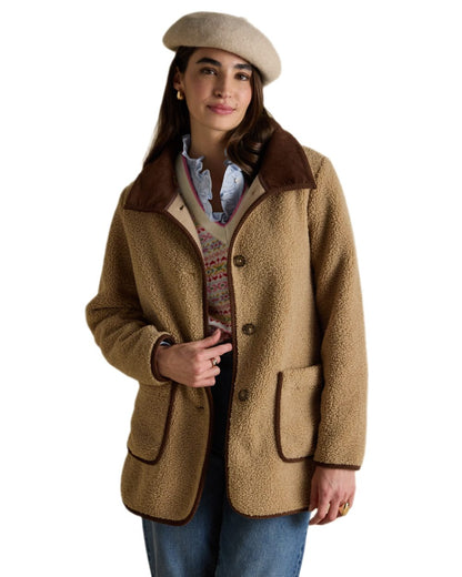 Neutral Coloured Joules Womens Button Through Sadie Longline Fleece on white background 