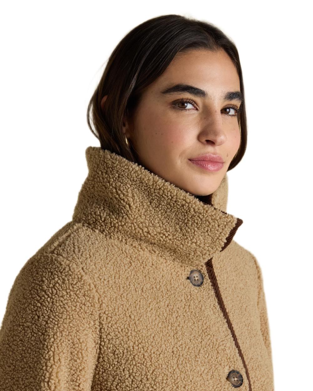 Neutral Coloured Joules Womens Button Through Sadie Longline Fleece on white background 