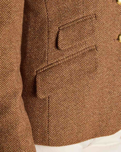 Brown Herringbone coloured Joules Womens Canterly Tweed Hacking Jacket on white background 