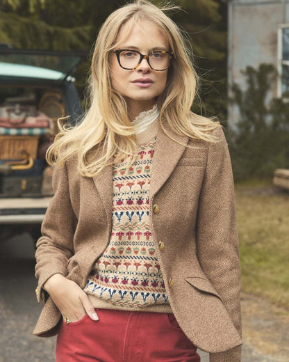 Brown Herringbone coloured Joules Womens Canterly Tweed Hacking Jacket on outdoor background 