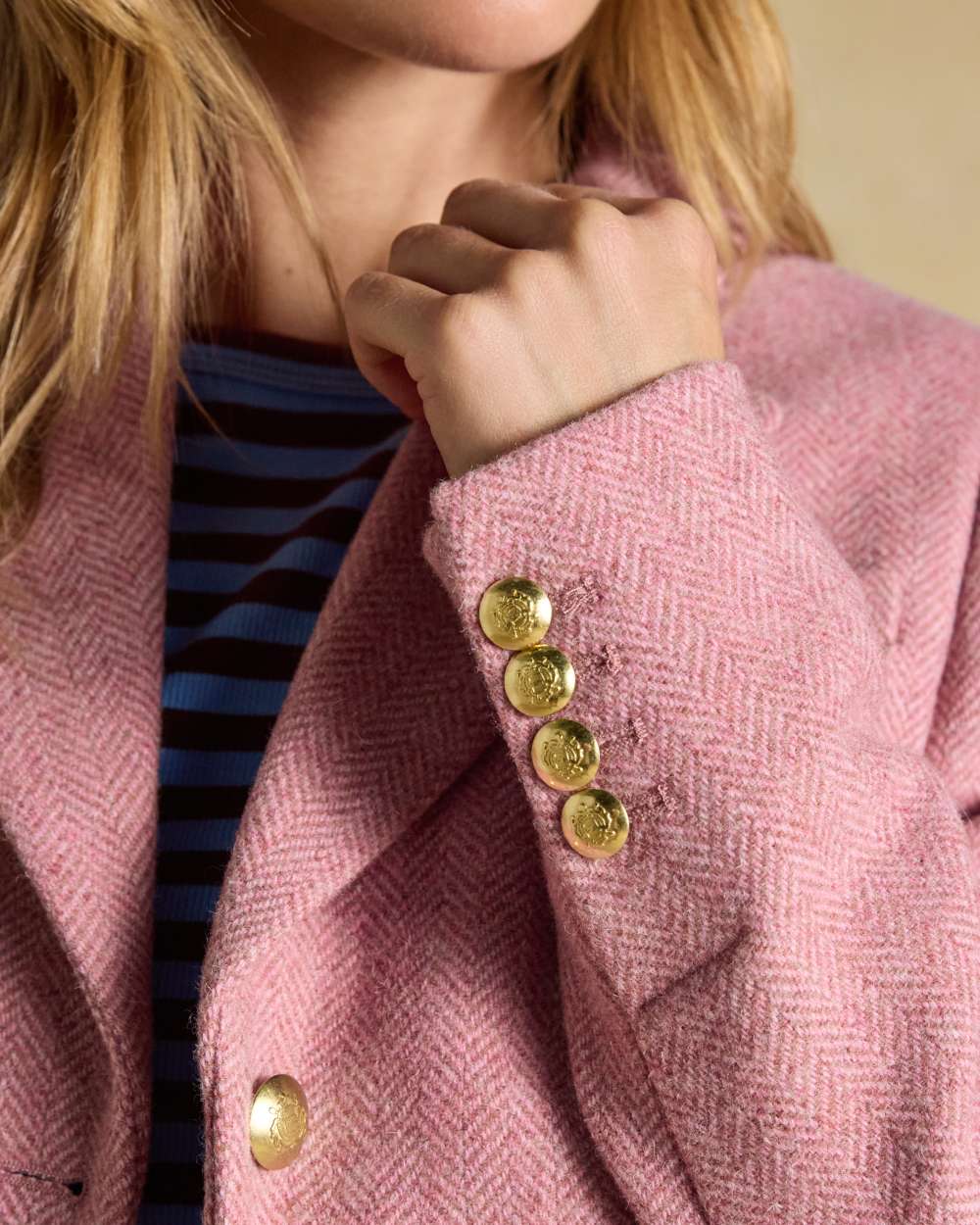 Pink coloured Joules Womens Canterly Tweed Hacking Jacket on wall background 