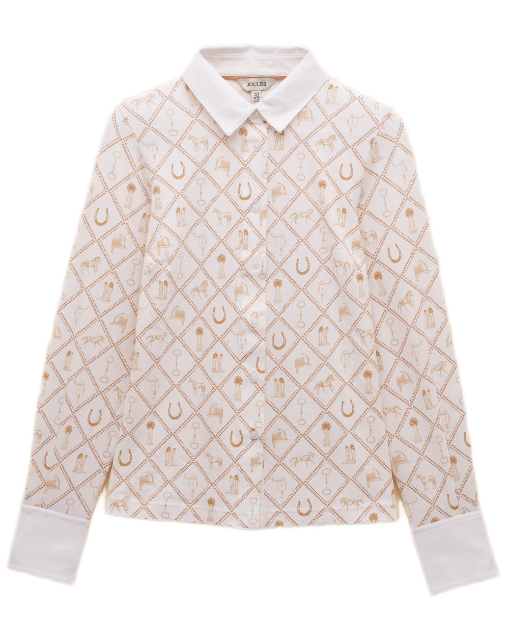 White coloured Joules Womens Charlotte Horse Icons Printed Jersey Shirt on white background 