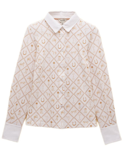 White coloured Joules Womens Charlotte Horse Icons Printed Jersey Shirt on white background 