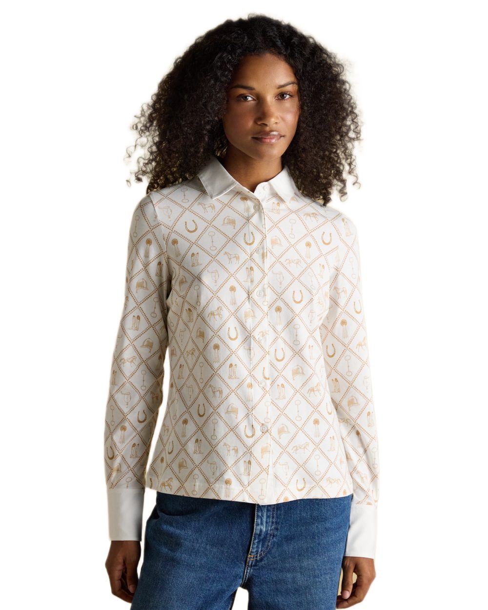 White coloured Joules Womens Charlotte Horse Icons Printed Jersey Shirt on white background 