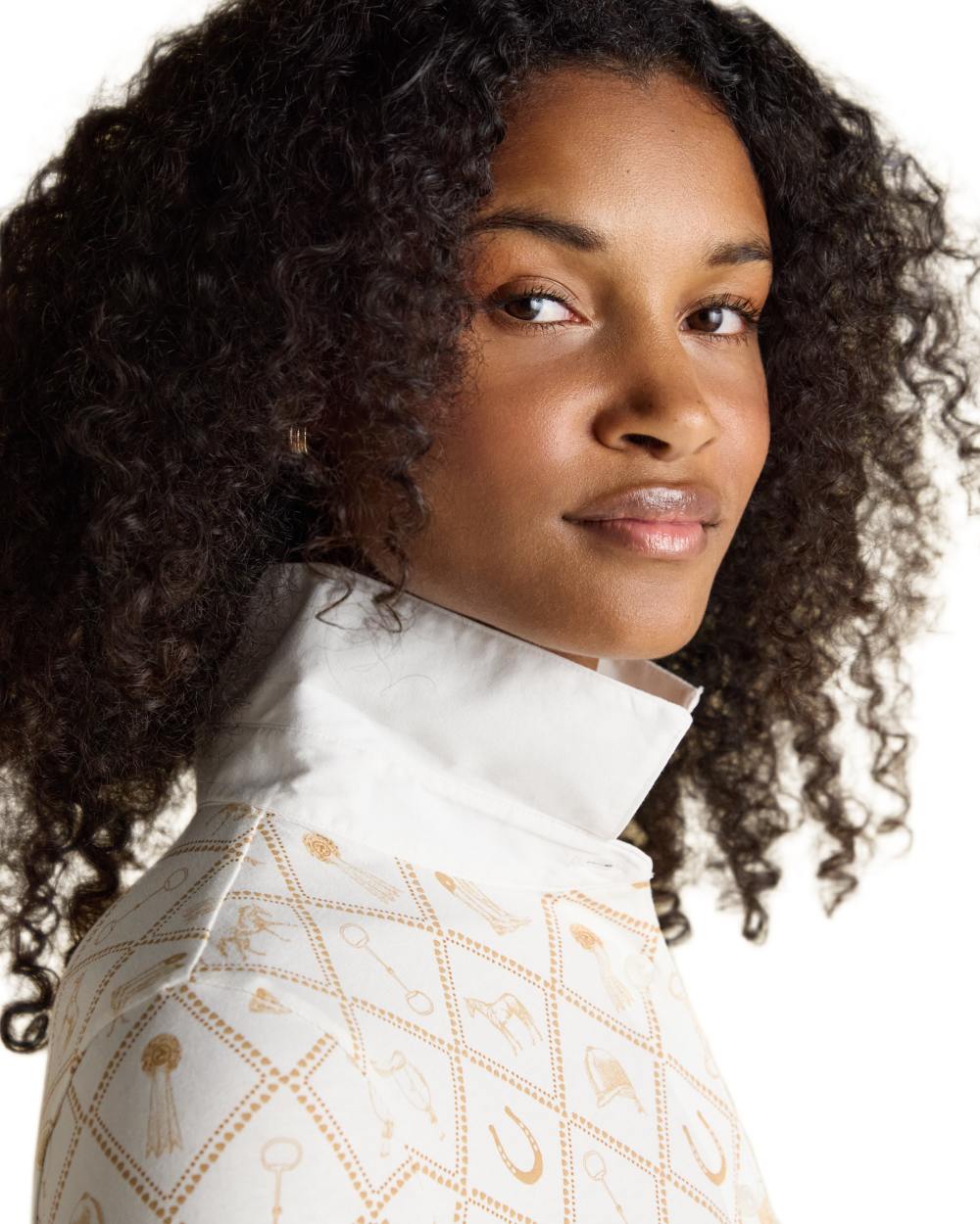 White coloured Joules Womens Charlotte Horse Icons Printed Jersey Shirt on white background 
