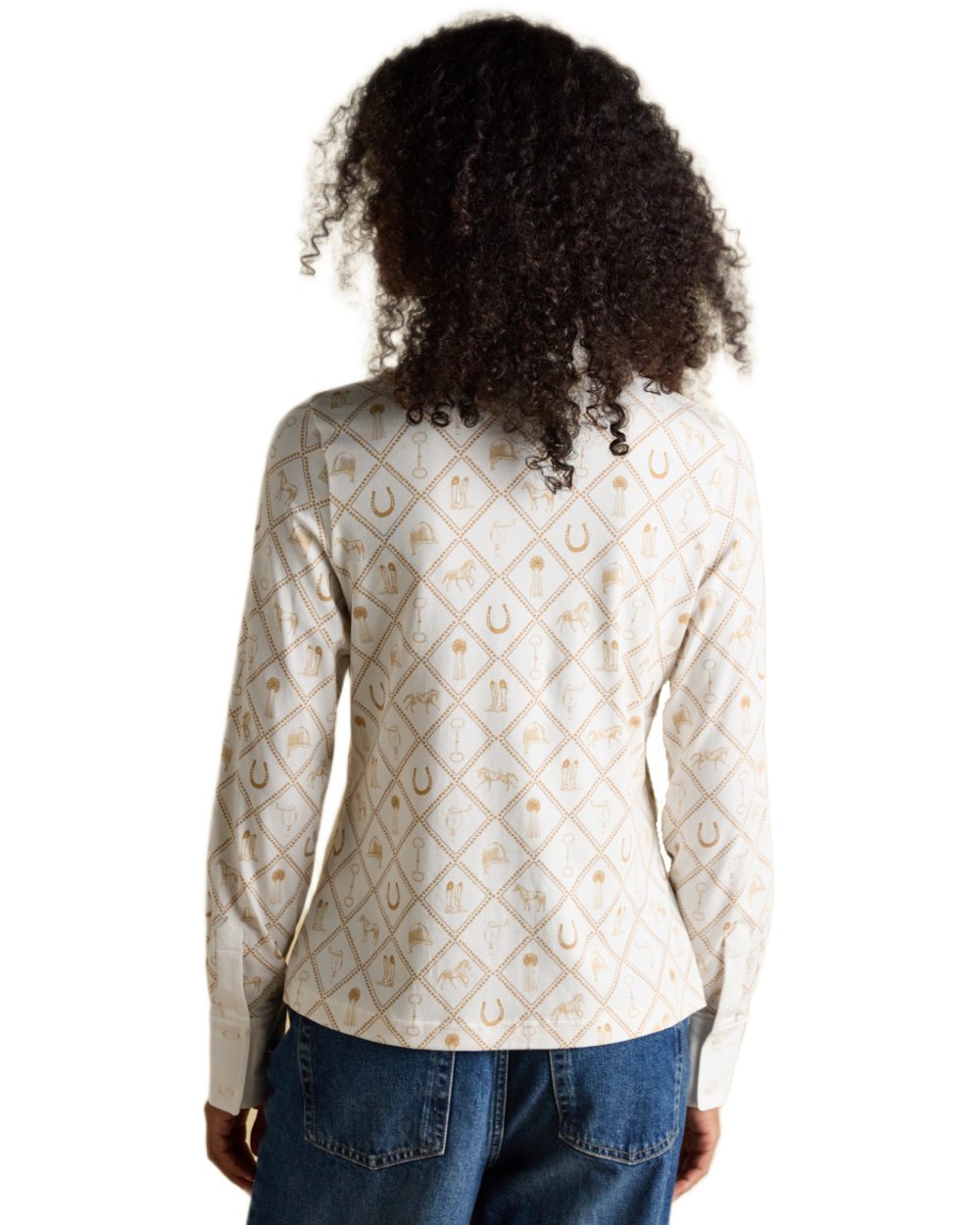 White coloured Joules Womens Charlotte Horse Icons Printed Jersey Shirt on white background 