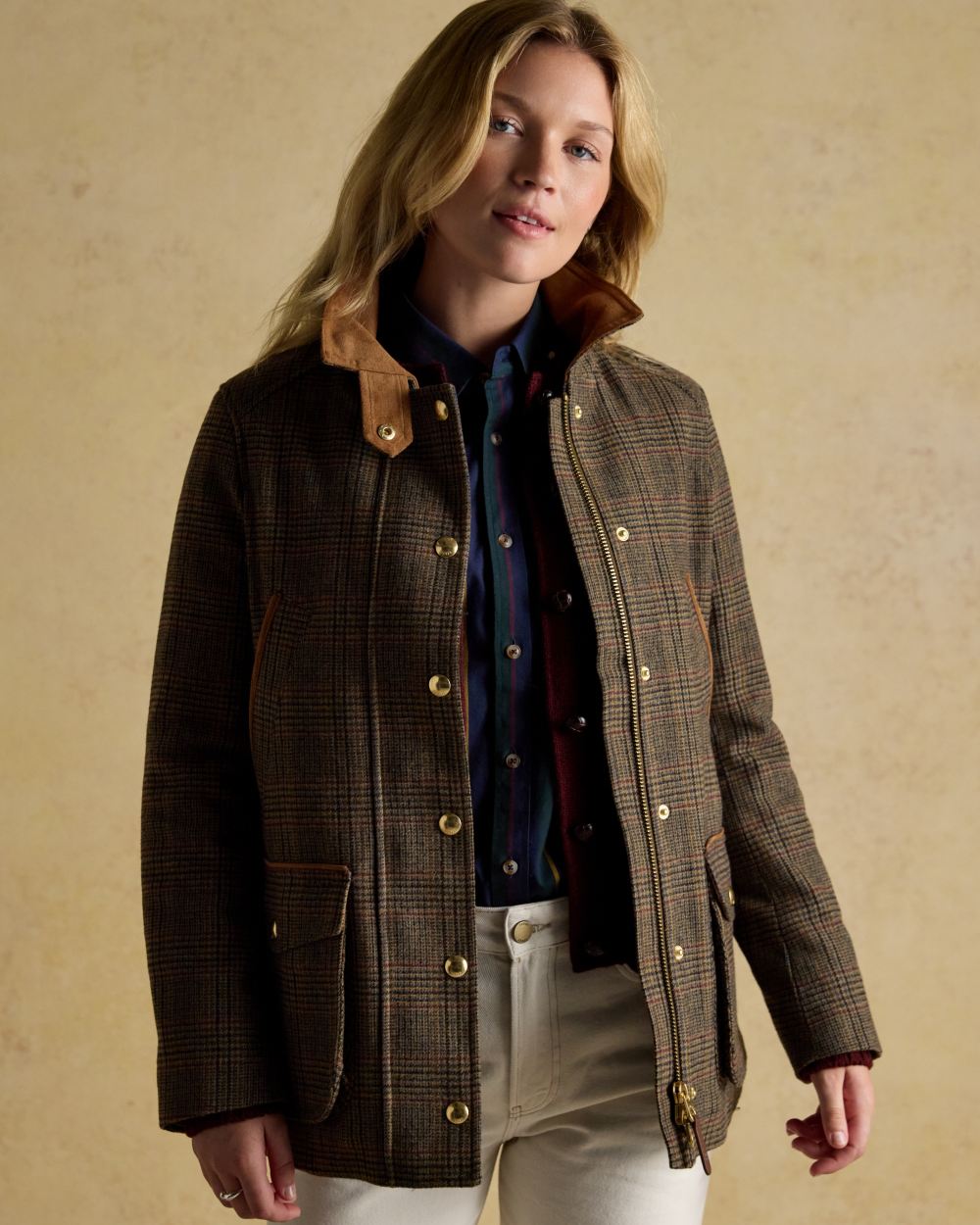 Roston Tweed coloured Joules Womens Contemporary Tweed Fieldcoat on wall background 