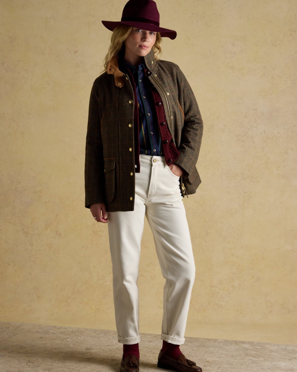 Roston Tweed coloured Joules Womens Contemporary Tweed Fieldcoat on wall background 