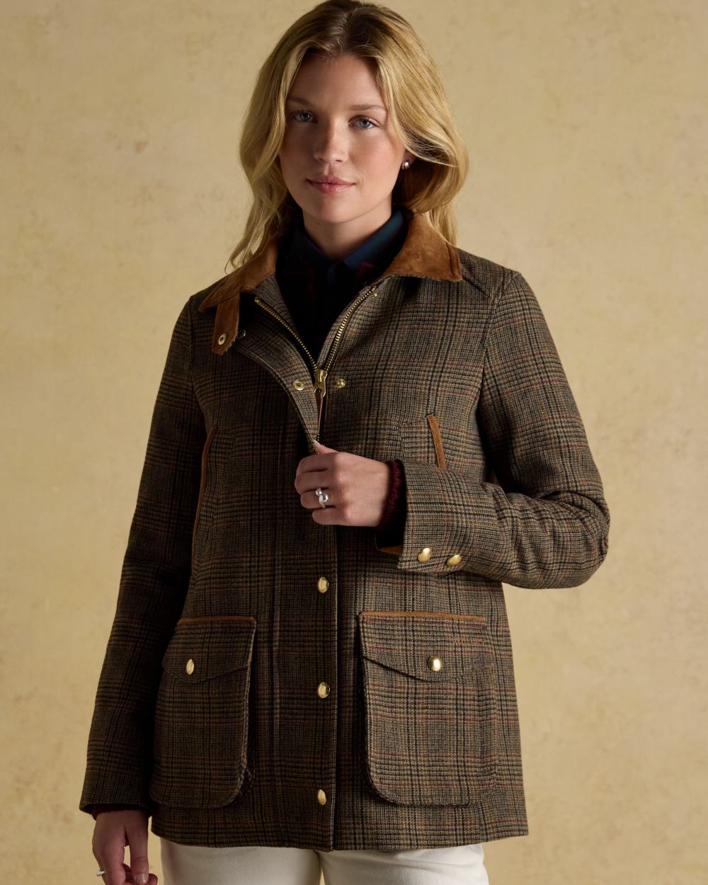 Roston Tweed coloured Joules Womens Contemporary Tweed Fieldcoat on wall background 