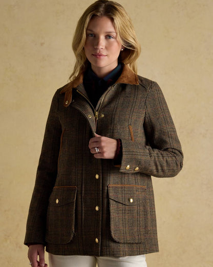 Roston Tweed coloured Joules Womens Contemporary Tweed Fieldcoat on wall background 