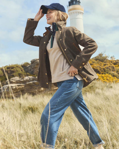 Roston Tweed coloured Joules Womens Contemporary Tweed Fieldcoat on outdoor background 