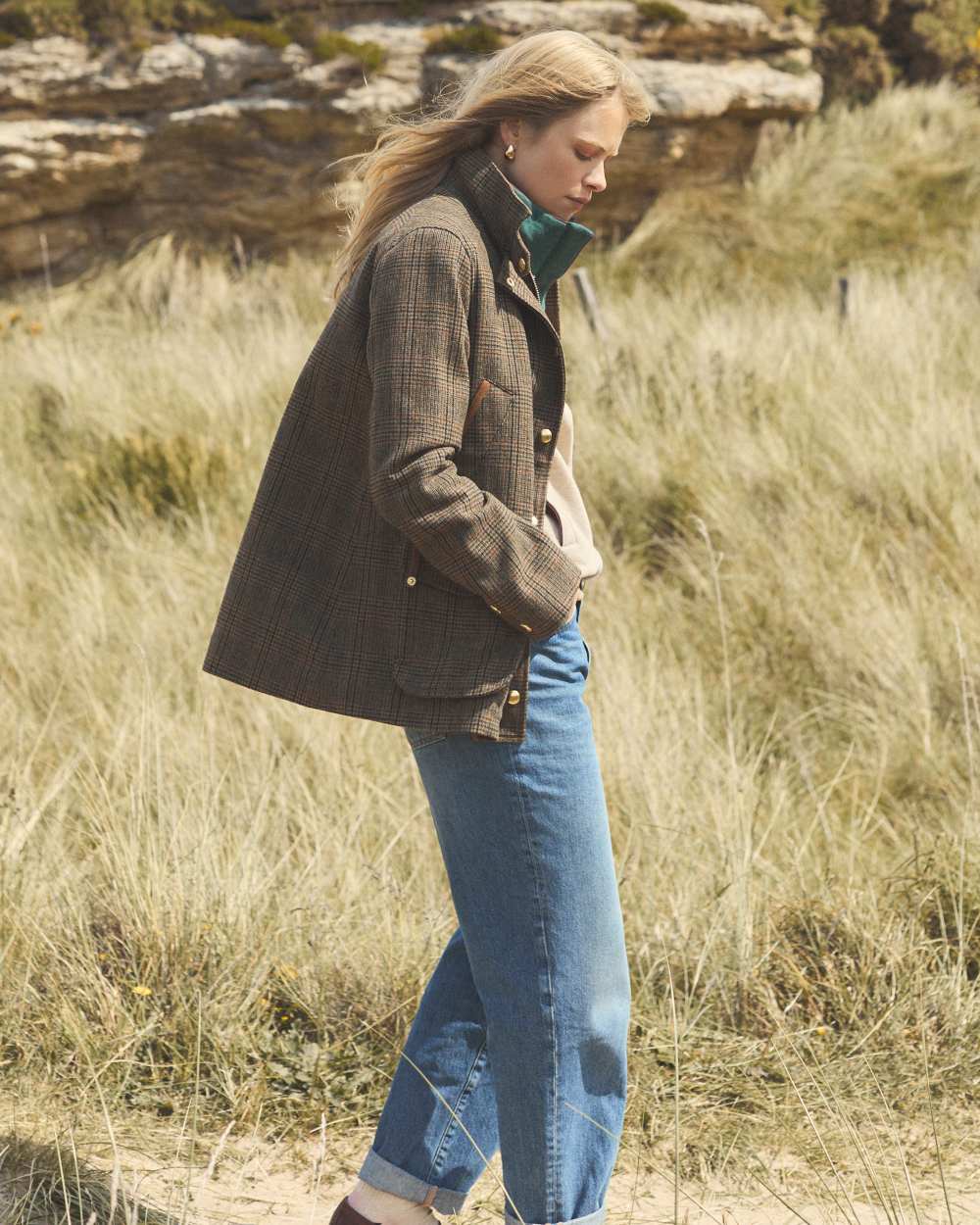 Roston Tweed coloured Joules Womens Contemporary Tweed Fieldcoat on outdoor background 