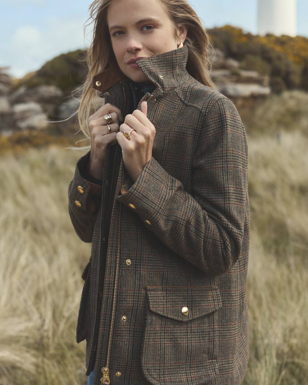 Roston Tweed coloured Joules Womens Contemporary Tweed Fieldcoat on outdoor background 