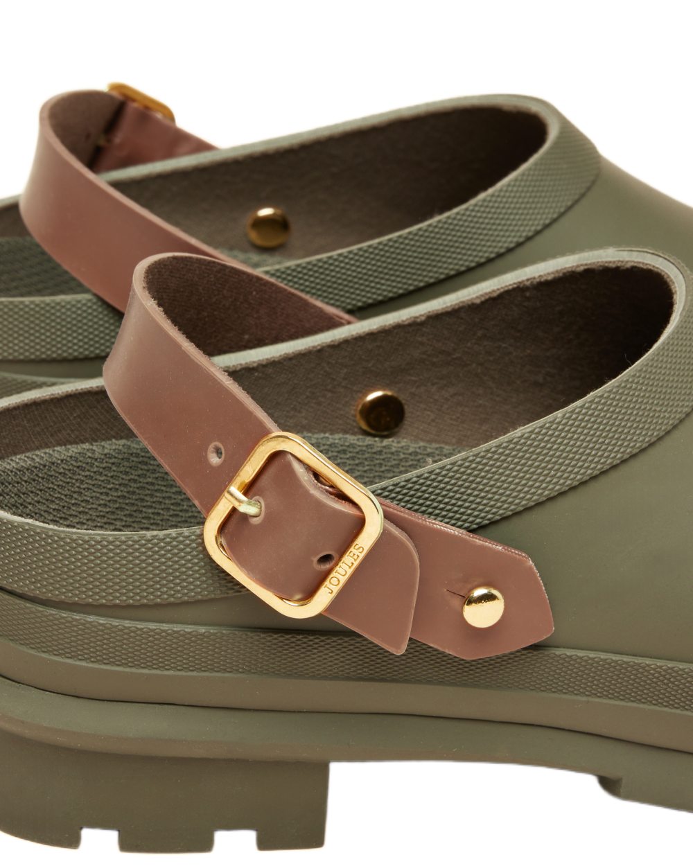 Khaki Green coloured Joules Womens Elbridge Welly Clogs on white background 