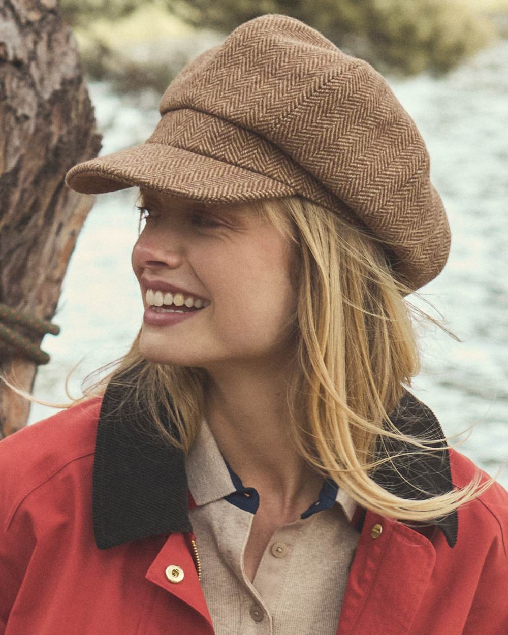 Tan Brown Coloured Joules Womens Elvaston Baker Boy Hat on lake background 