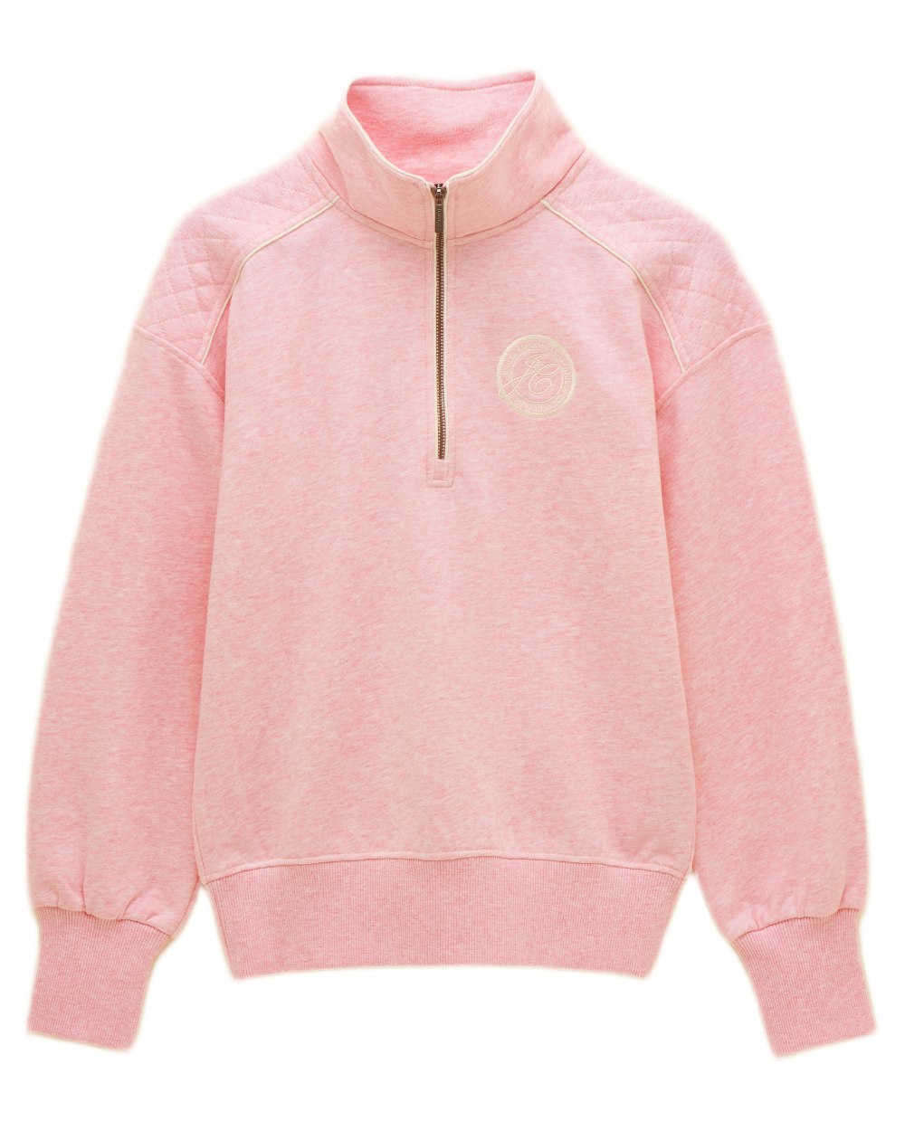 Pink coloured Joules Womens Embroidered Quarter Zip Sweatshirt on white background 