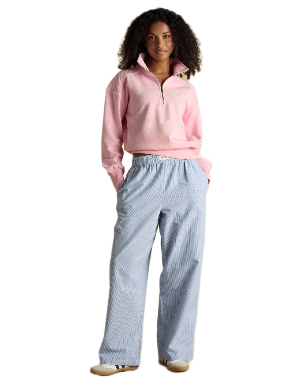 Pink coloured Joules Womens Embroidered Quarter Zip Sweatshirt on white background 