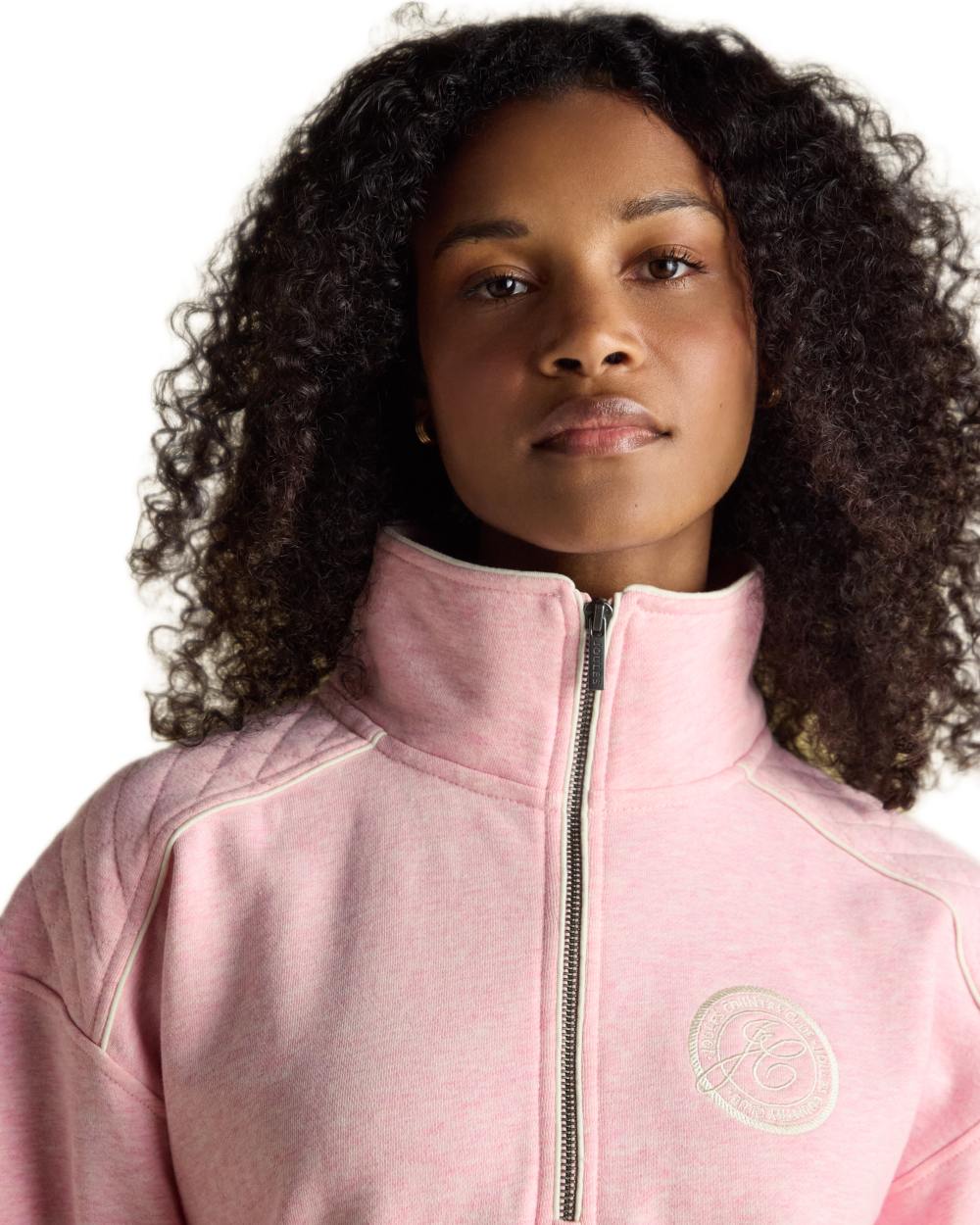 Pink coloured Joules Womens Embroidered Quarter Zip Sweatshirt on white background 