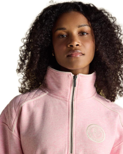 Pink coloured Joules Womens Embroidered Quarter Zip Sweatshirt on white background 