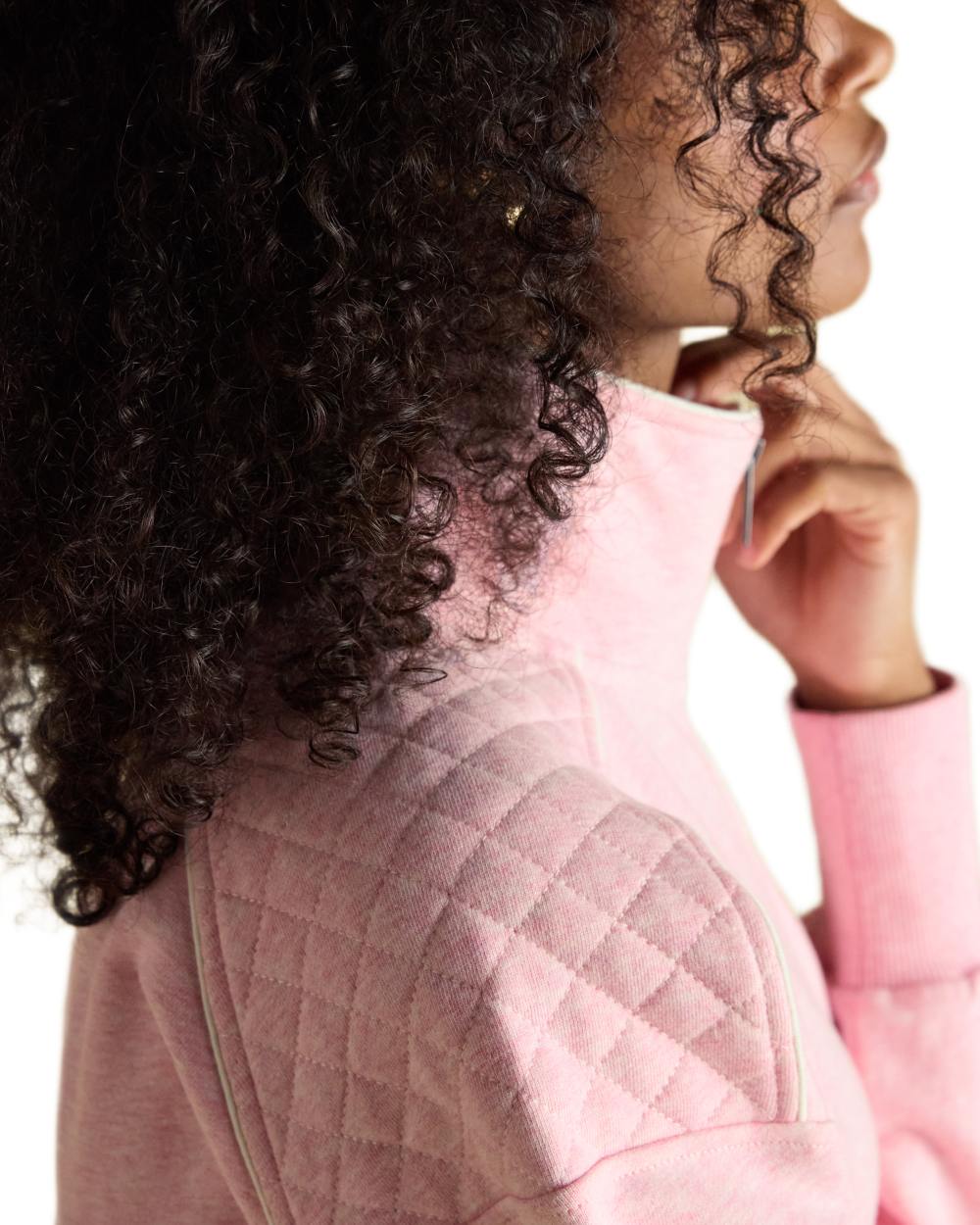 Pink coloured Joules Womens Embroidered Quarter Zip Sweatshirt on white background 