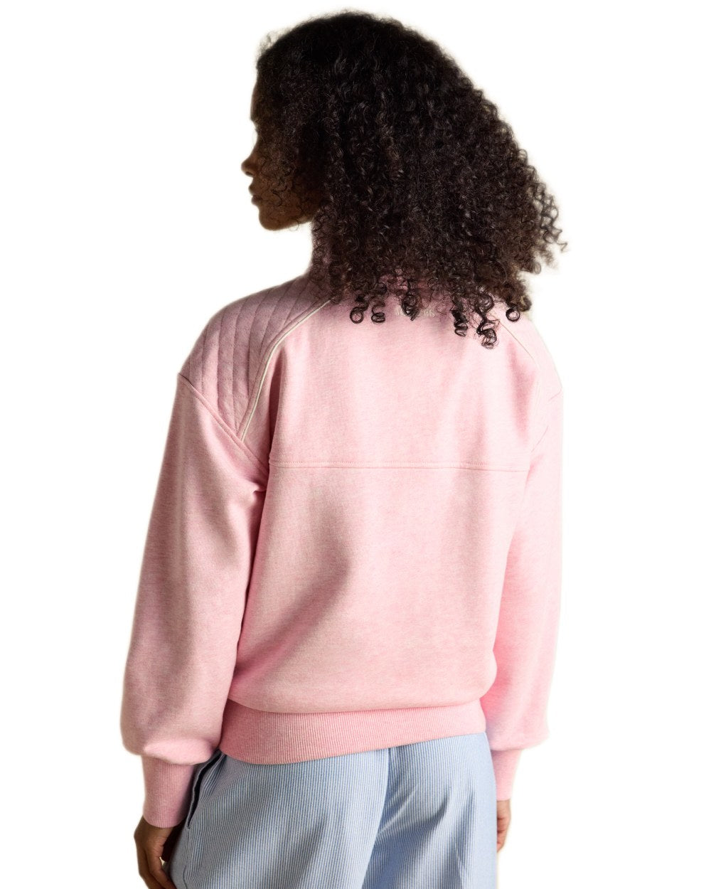 Pink coloured Joules Womens Embroidered Quarter Zip Sweatshirt on white background 