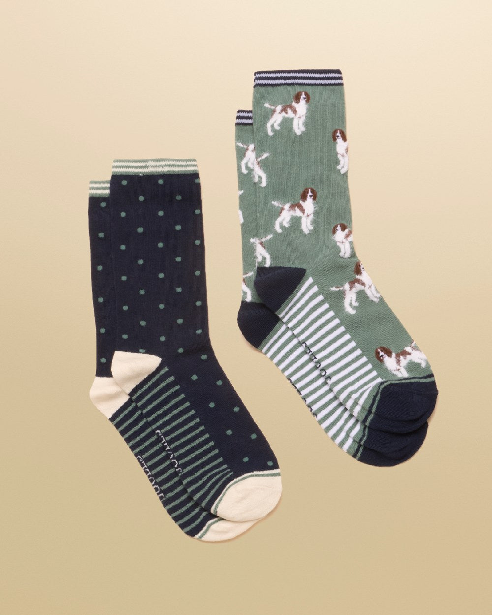 Green Dog Coloured Joules Womens Everyday Socks 2 Pack on Beige Background 