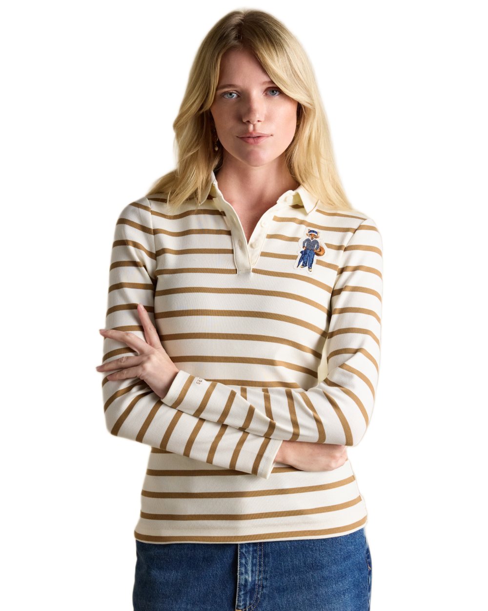 Tan Stripe Coloured Joules Womens Fairfield Jonty Polo Shirts on white background 
